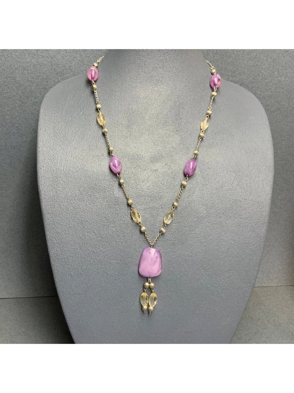 Dangle Pendant Necklace 26 In Orchid Purple Faceted Beads Clear Silver Chain Fun